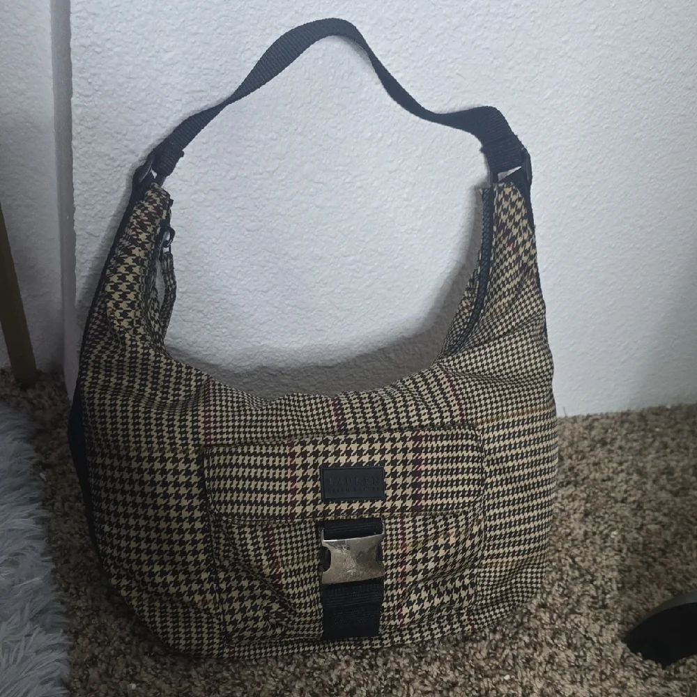 Ralph Lauren Nylon Colorful Houndstooth Shoulder Hobo Bag (EUC)🩶🤎🖤